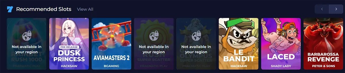 Casino “Recommended Slots” section displaying a row of game thumbnails including Dusk Princess, Aviamasters 2, Le Bandit, Laced, and Barbarossa Revenge, with some titles marked as unavailable in the user’s region on a dark interface.