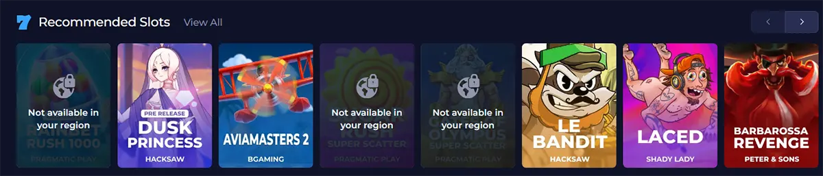Casino “Recommended Slots” section displaying a row of game thumbnails including Dusk Princess, Aviamasters 2, Le Bandit, Laced, and Barbarossa Revenge, with some titles marked as unavailable in the user’s region on a dark interface.