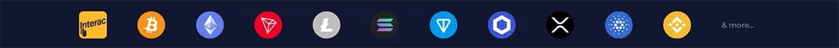 Casino payment methods banner displaying Interac alongside multiple cryptocurrencies including Bitcoin, Ethereum, TRON, Litecoin, Solana, TON, Polygon, Ripple, Cardano, and Binance Coin, with a “more” option on a dark background.