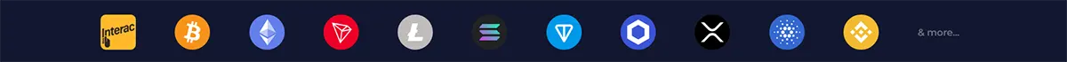 Casino payment methods banner displaying Interac alongside multiple cryptocurrencies including Bitcoin, Ethereum, TRON, Litecoin, Solana, TON, Polygon, Ripple, Cardano, and Binance Coin, with a “more” option on a dark background.