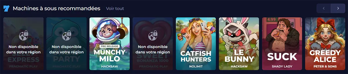 Recommended slot games carousel in French, showing region-locked titles, pre-release content, colorful game thumbnails, and navigation arrows on a dark casino interface.