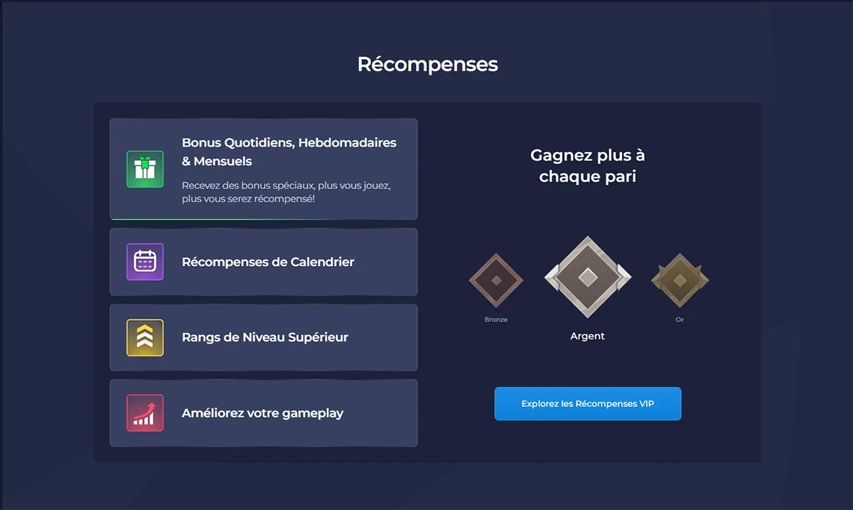 French rewards section highlighting daily, weekly, and monthly bonuses, calendar rewards, higher rank levels, gameplay improvements, VIP tiers, and a blue call-to-action button on a dark interface.