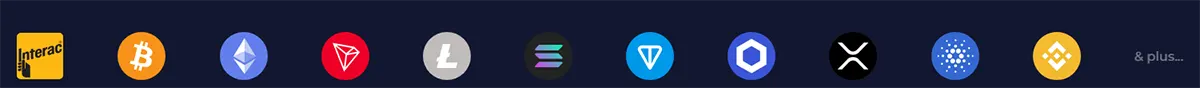 Payment methods row featuring Interac and multiple cryptocurrency icons, including Bitcoin, Ethereum, TRON, Litecoin, Solana, TON, Chainlink, XRP, Cardano, and Binance Coin on a dark blue background.