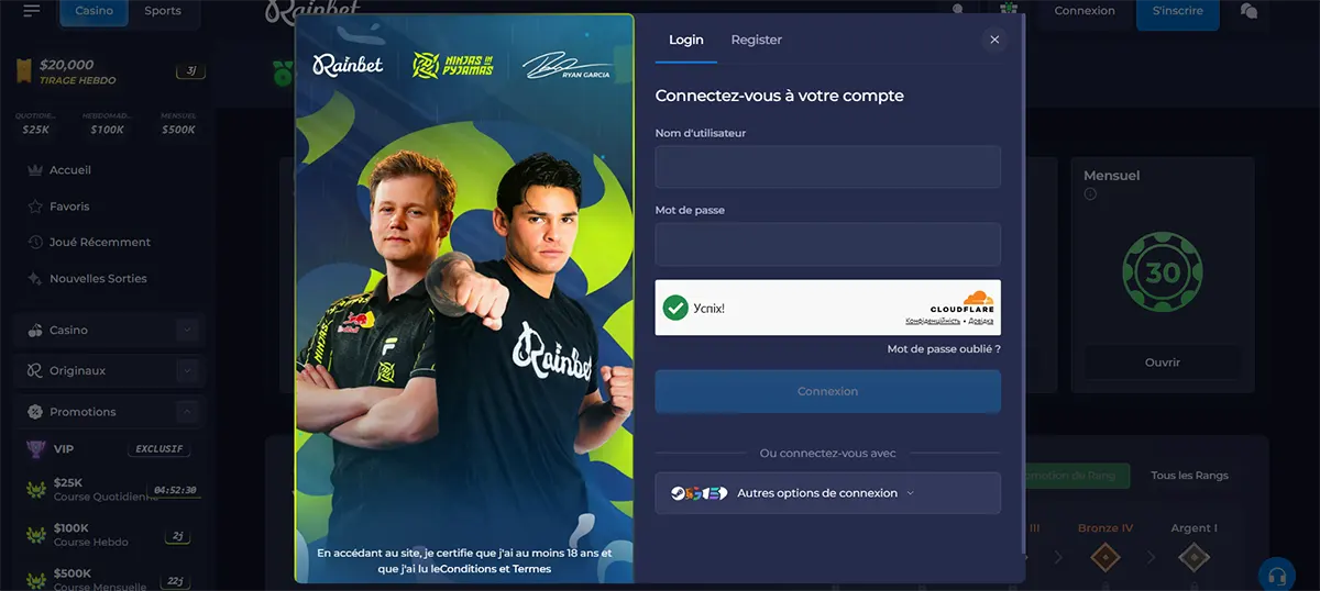 Rainbet login popup in French with username and password fields, Cloudflare verification, login button, alternative sign-in options, and esports player artwork on a dark casino interface.