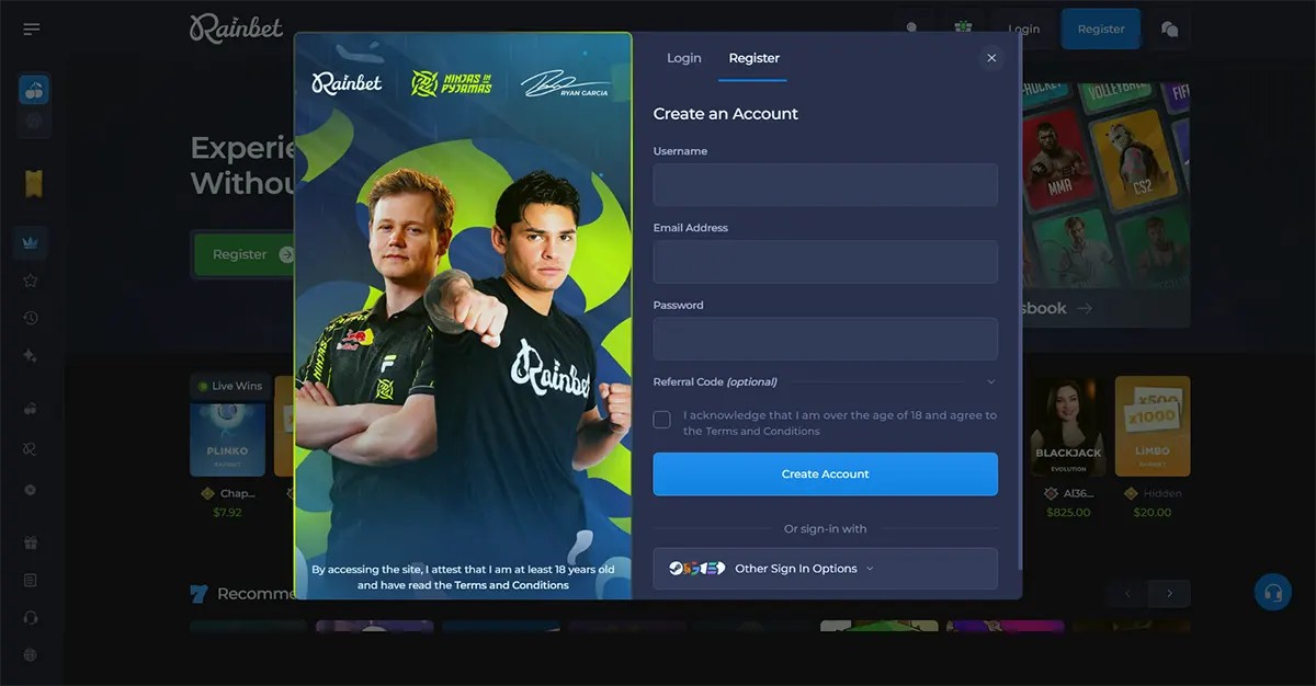 Casino registration popup with a split layout showing esports players on the left and a sign-up form on the right, including fields for username, email, password, referral code, a terms agreement checkbox, and a “Create Account” button.