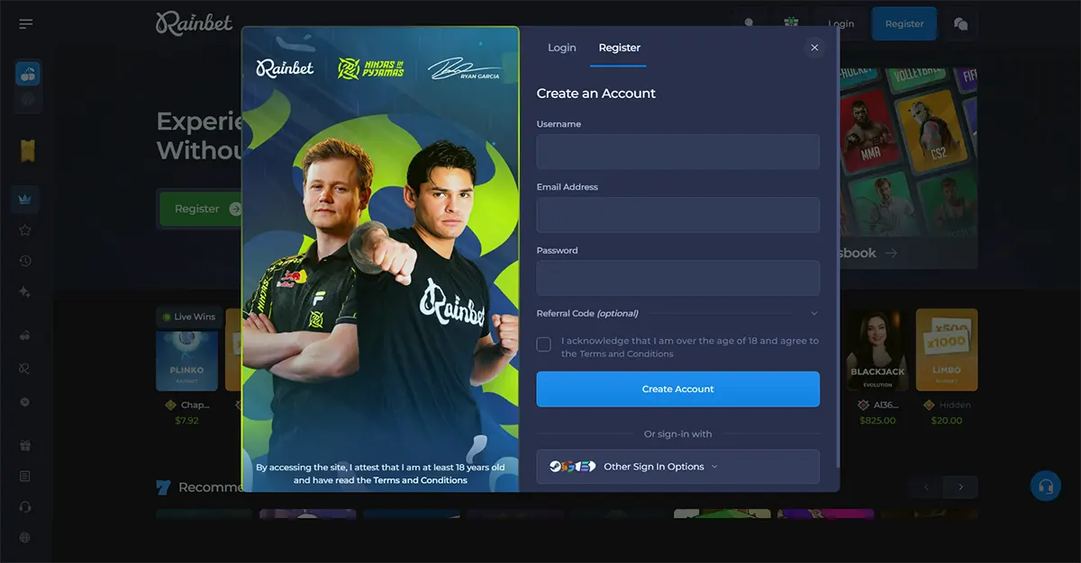 Casino registration popup with a split layout showing esports players on the left and a sign-up form on the right, including fields for username, email, password, referral code, a terms agreement checkbox, and a “Create Account” button.
